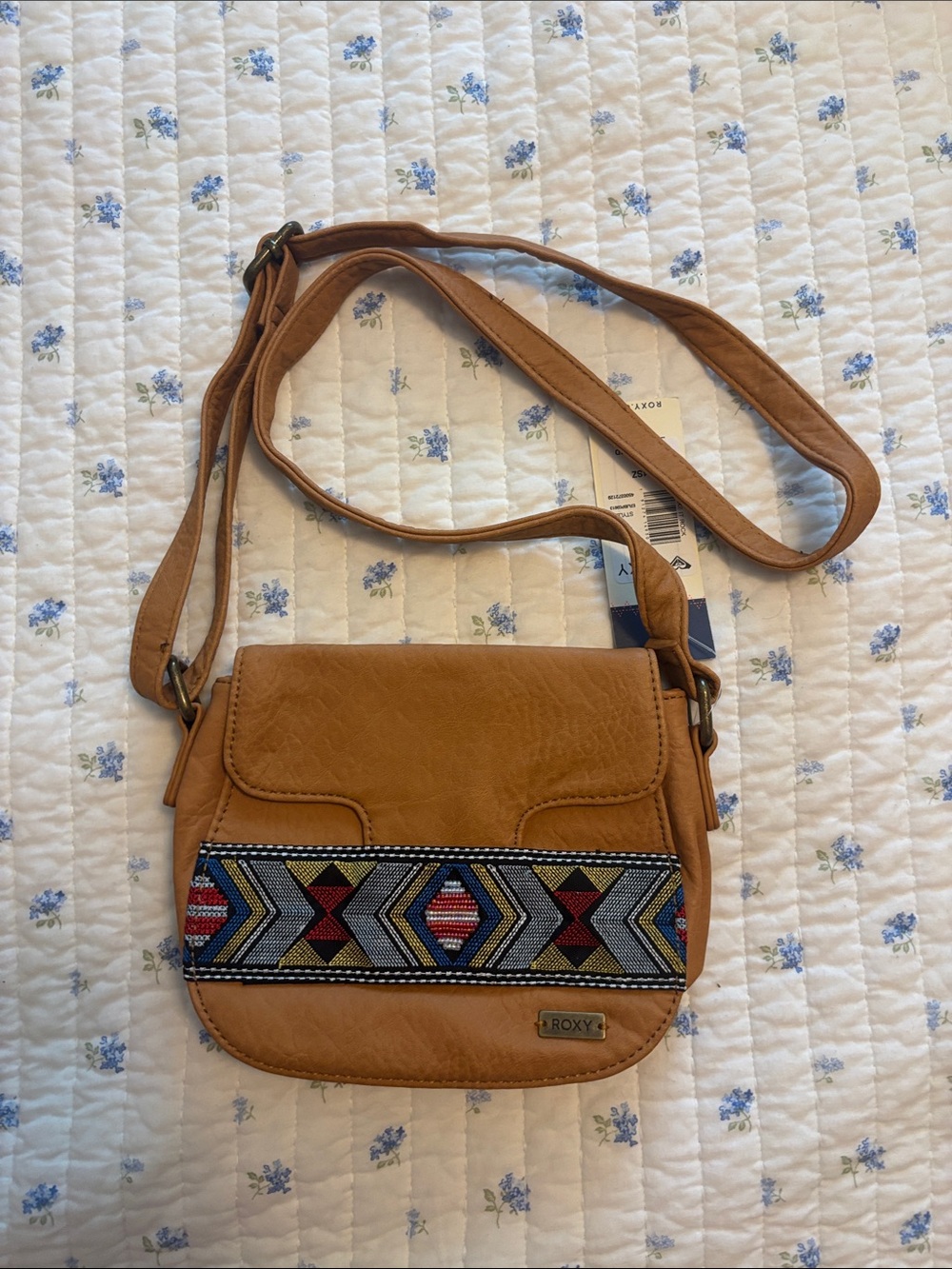 NWT Roxy Tan Crossbody Bag with Multicolor Beaded Aztec Accent
